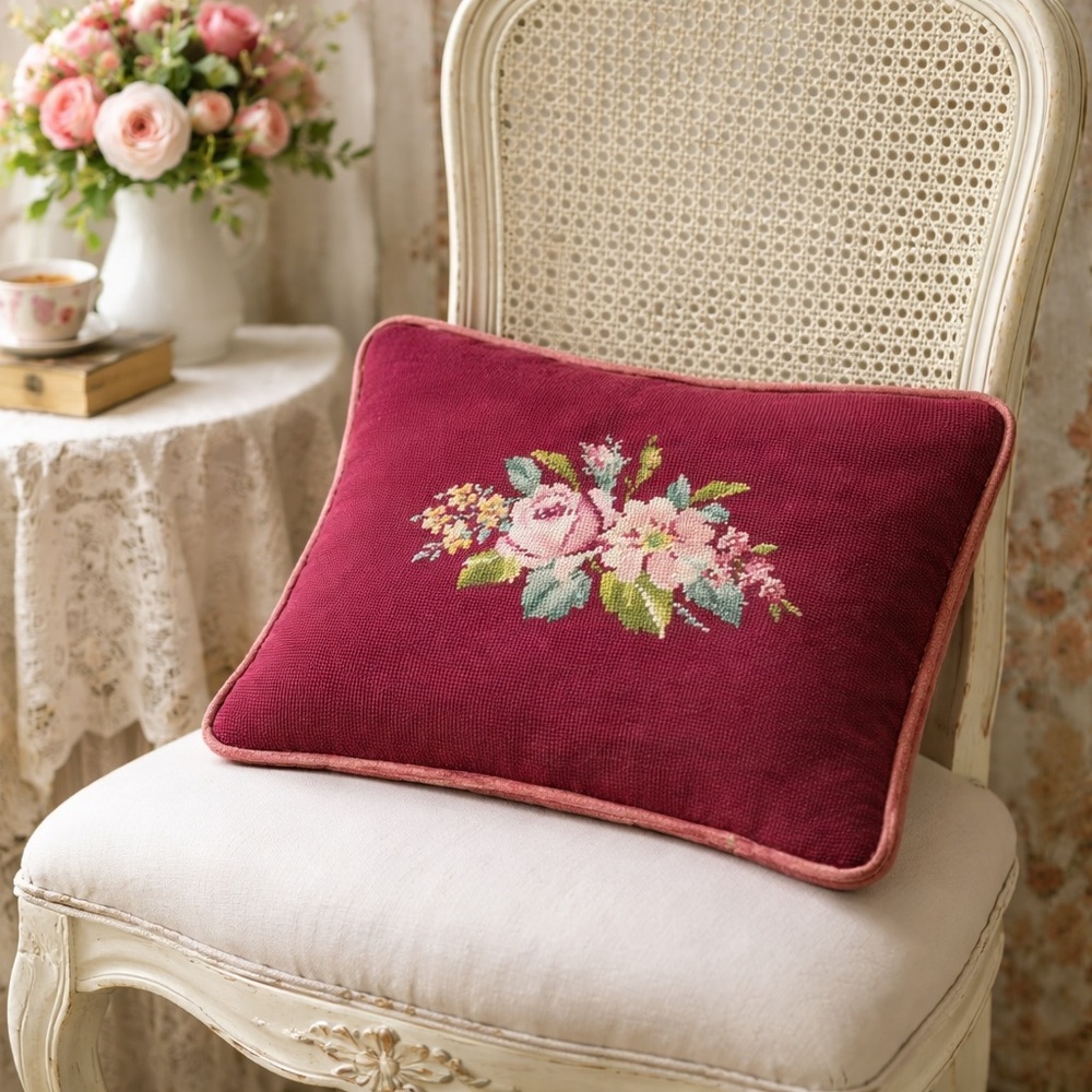 Vintage Needlepoint Floral Pillow 18”x15” Burgundy Wool Front Velvet Back Flat